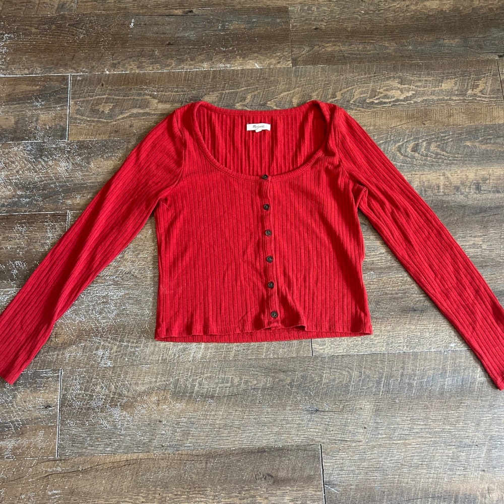 Madewell Scooped Neck Ribbed Cardigan Womens Large Red Academia Layer Y2K Preppy